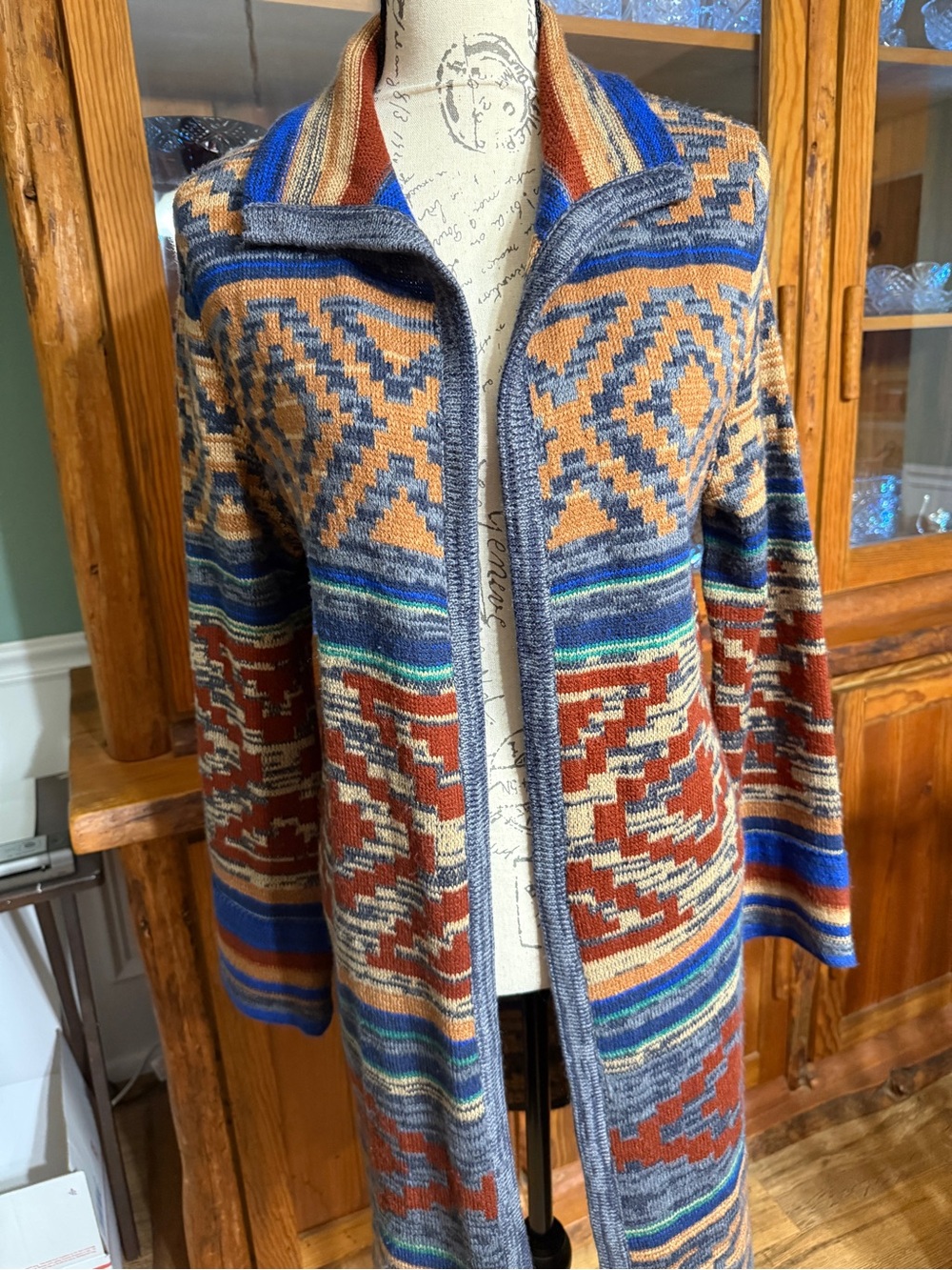 Spense Multicolor Geometric Zip-Front Long Cardigan